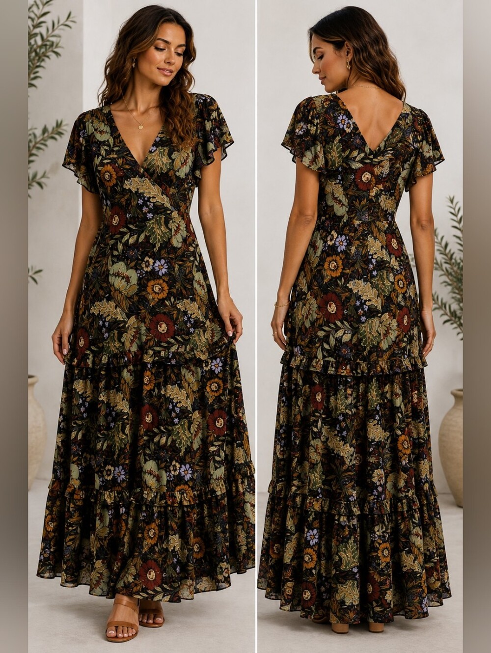 12th Tribe Floral Maxi Dress M Open Back Tiered Boho Garden Wedding Botanical - Picture 2 of 16